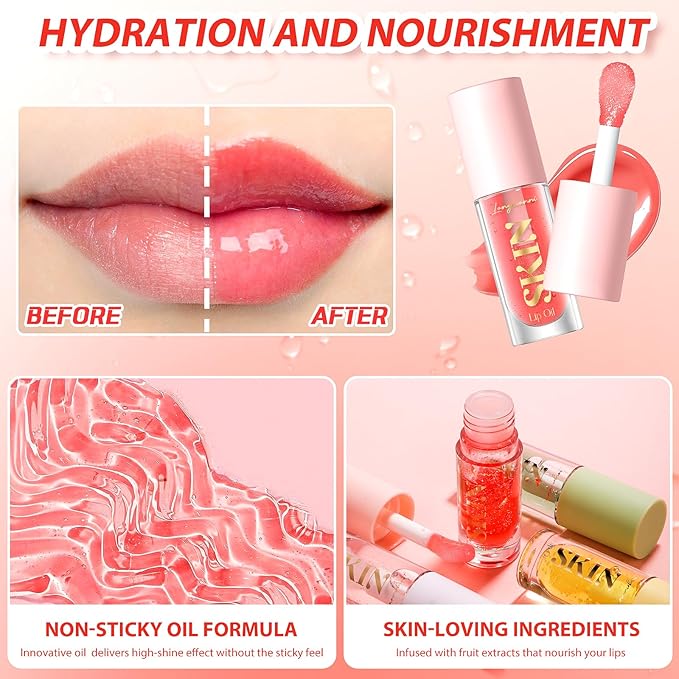 Big Brush Head Lip Glow Oil Plumping Tint, Tinted Lip Balm Transparent Lip Care, Moisturizing Non-sticky Fresh Shiny Texture Lip Oil - Strawberry (Pink)-Velvo Beauty
