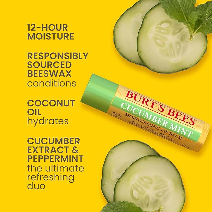 Burt's Bees Lip Balm - Original Beeswax, Cucumber Mint, Watermelon & Sweet Mandarin, With Responsibly Sourced Beeswax, Tint-Free, Natural Origin Treatment, 4 Tubes, 0.15 oz.-Velvo Beauty