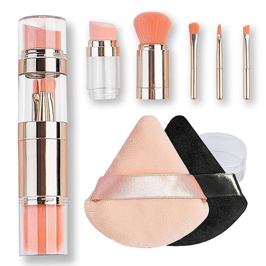 kullder Travel Makeup Brush 5 in 1 Makeup Brush set Blend Sponge Eyebrow Eyeshadow & Blush Brushes for Foundation Concealer Double Ended Makeup Brush with Powder Puff Ideal Womens Gifts-Velvo Beauty