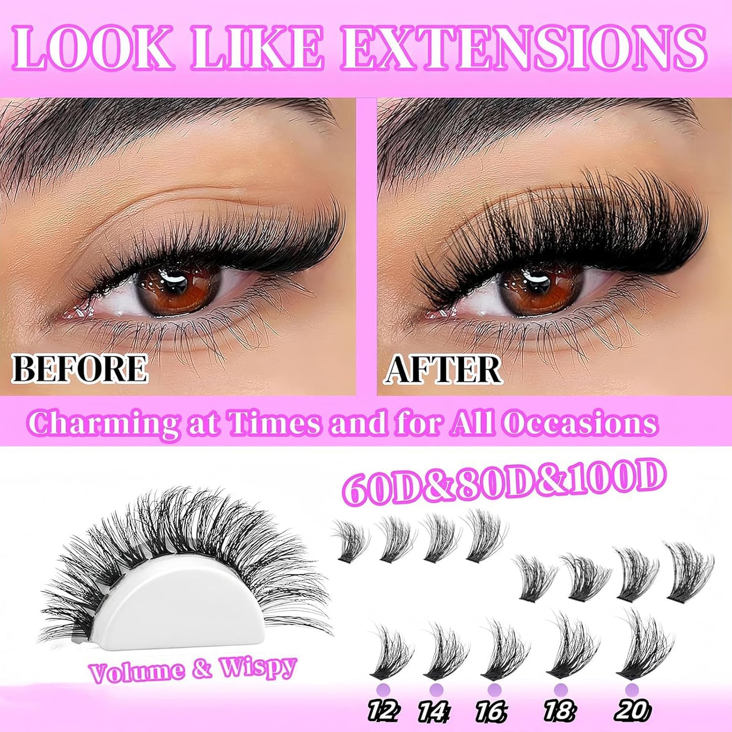 Lashes Clusters Kit Gift Packs 3 Styles 760Pcs with 2X Bond&Seal Volume Soft False Eyelash Extension 80D+100D D Curl Wispy Natural DIY Individual Fake Eyelashes Box for Beginners Bulk Pack-Velvo Beauty