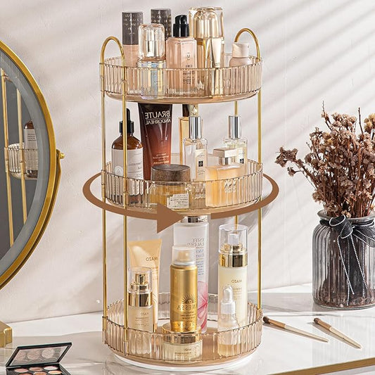 Rotating Makeup Organizer for Vanity, High-Capacity Skincare Clear Make Up Storage Perfume Organizers Cosmetic Dresser Organizer Countertop 360 Spinning (Gold, 3 Tier)-Velvo Beauty