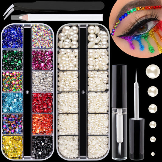 Colorful Flatback Face Gems and Beige Pearls for Makeup with Quick Dry Glue, Half Round Pearls Nail Art Rhinestones Glass Crystal Beads for Make-up Deco with Pickup Pencil + Tweezer-Velvo Beauty