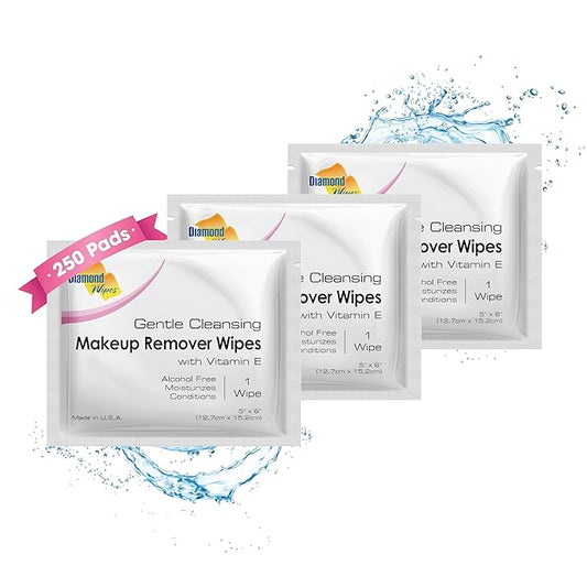 Diamond Wipes Face Cleansing and Waterproof Makeup Remover Wipes, Case of 250 Wipes, Alcohol Free Wipes with Vitamin E-Velvo Beauty