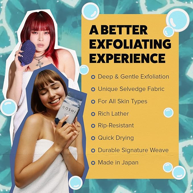GOSHI Exfoliating Shower Sponge - Rip-Resistant, Rapid-Drying Exfoliating Bath Sponge for All Skin Types - Indigo Blue - Made in Japan-Velvo Beauty
