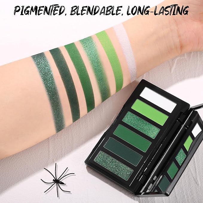 Green Eyeshadow Palette with Mirror Lime Forest Emerald Tones Matte Shimmer 6 Colors Mini Eye Shadow Pallet Travel Size Highly Pigmented for Goth Fairy Joker Wicked Halloween Parties Makeup-Velvo Beauty