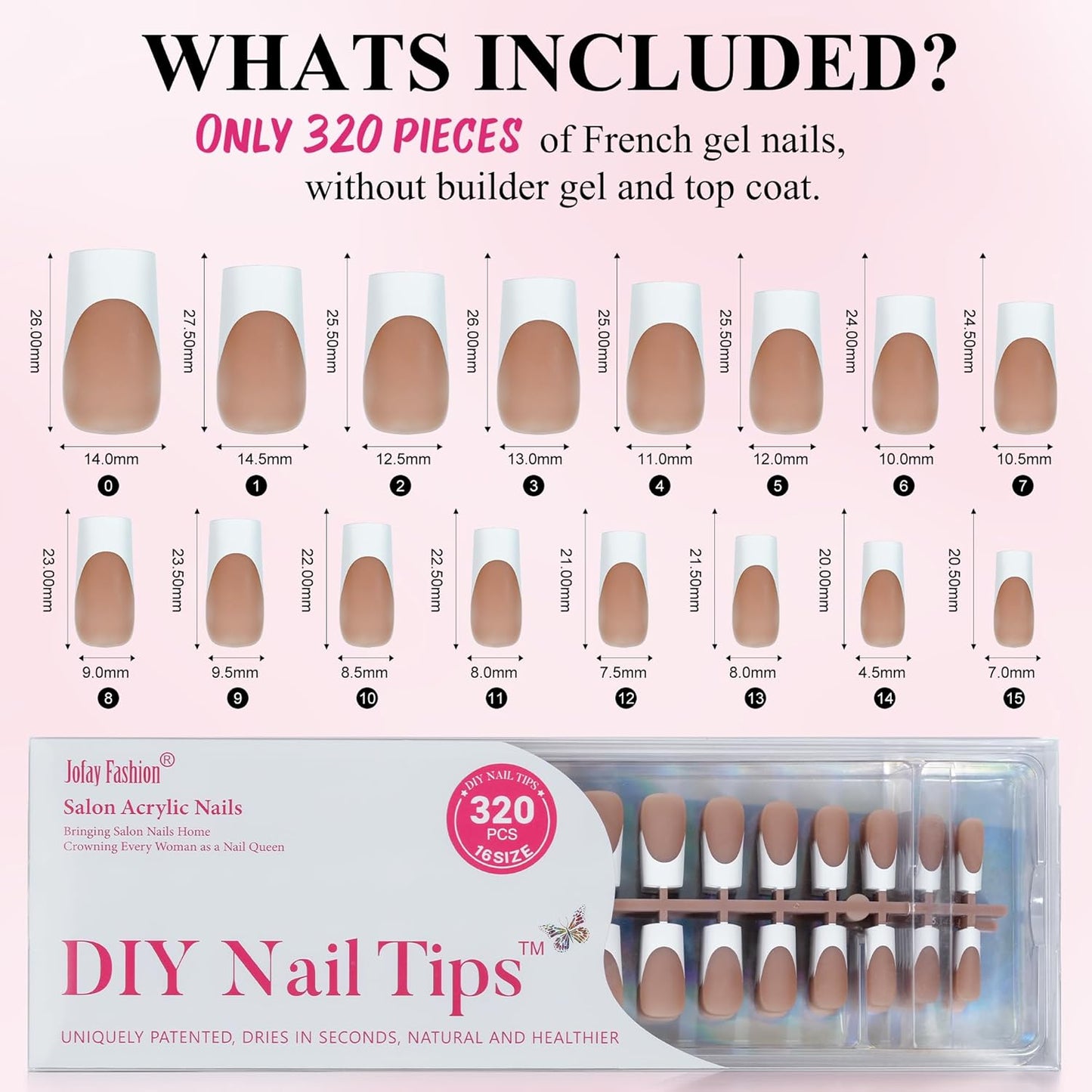 French Gel Nail Tips - Jofay Fashion French Tip Press on Nails, 10-Piece Set 320Pcs Brown Long Square Nail Tips, No Need to File Acrylic Fake Nails for Nail Art DIY & Nail Extension, 16 Sizes-Velvo Beauty