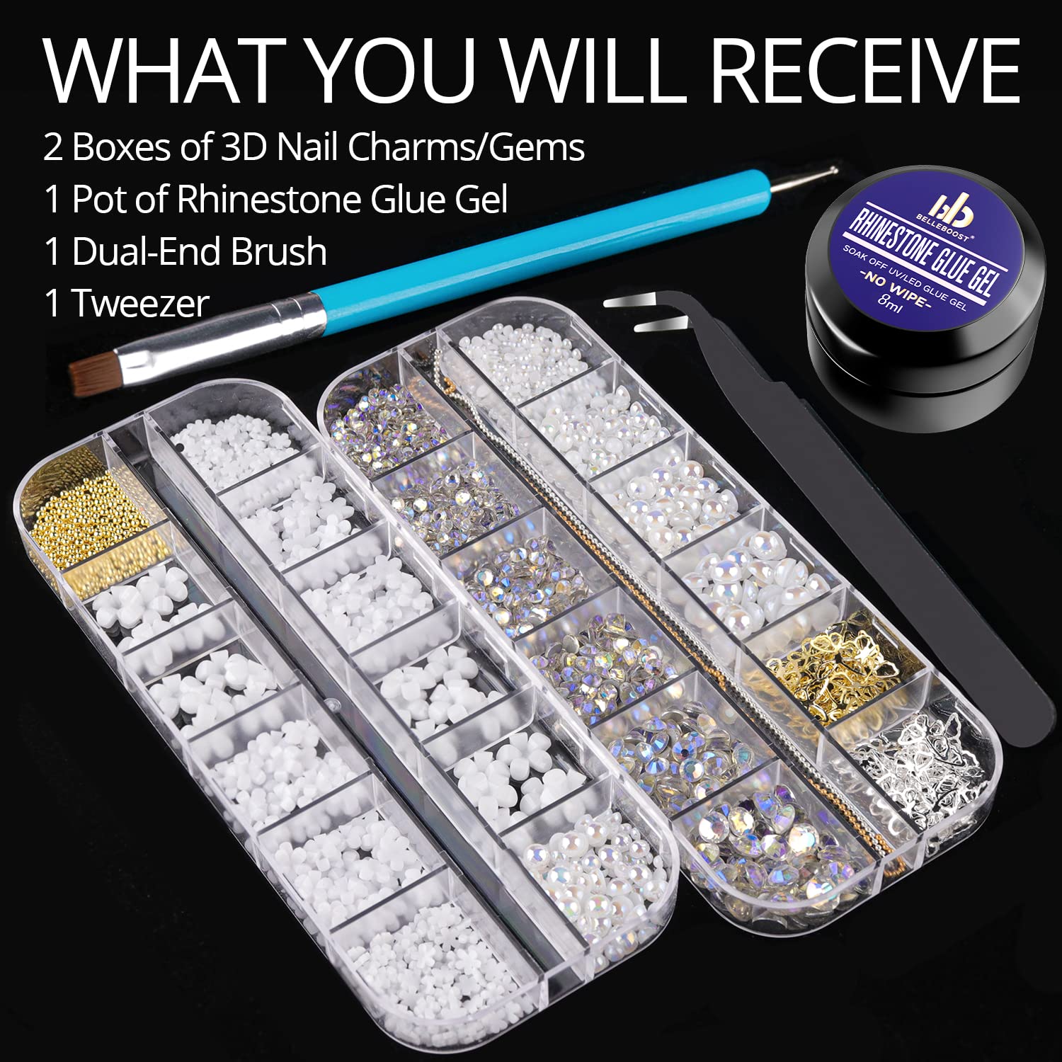 Mixed 3D Nail Art Gem Decoration Accessories Kit #6, Butterfly Starry AB Rhinestone Charm Jewelry for Deco, Pearl Flower Caviar Bead Stone Crystal with Dual-End Brush and Tweezer-Velvo Beauty