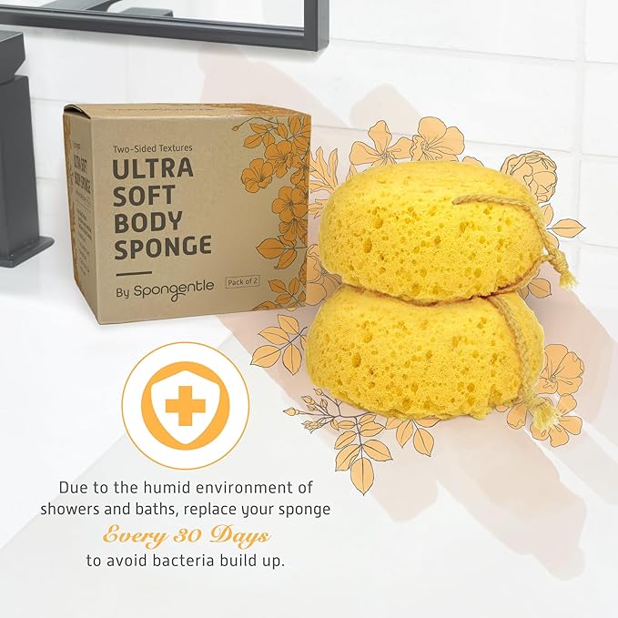 Spongentle Deep Cleansing Body Loofah Sponge, Natural Colors, for Bath and Shower, Multiple Textures for Gentle and Deep Exfoliation, Generous and Rich Lather, (Pack of 2)-Velvo Beauty