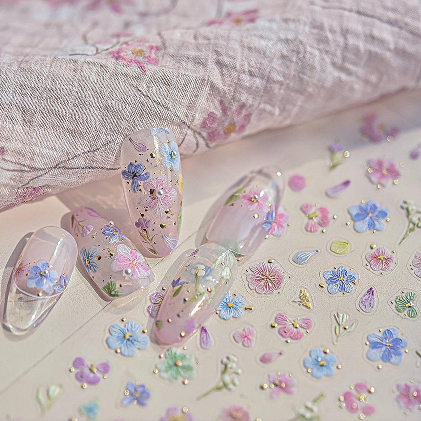 Dried Flower Nail Art Stickers Colorful Flowers Nail Decals for Acrylic Nails 3D Self Adhesive Glitter Designs Nail Sticker Cute Floral Nail Decal Spring Summer Manicure Supplies for Women DIY Decor-Velvo Beauty