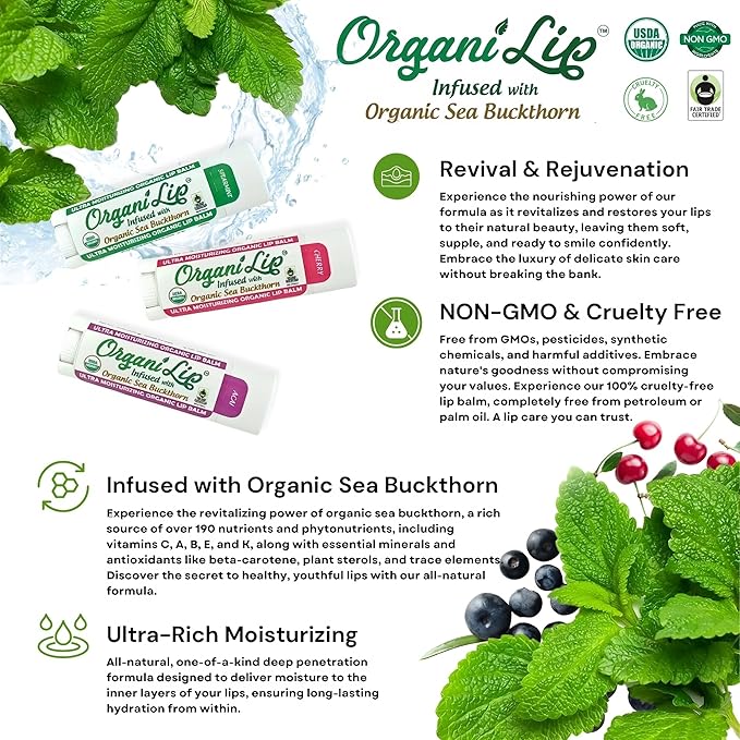 OrganiLip Organic Lip Balm, Acai Flavor, Ultra Hydrating Lip Moisturizer for Cracked or Dry Lips, Oval Shaped Tube, USDA Certified Organic, 3 Pack-Velvo Beauty