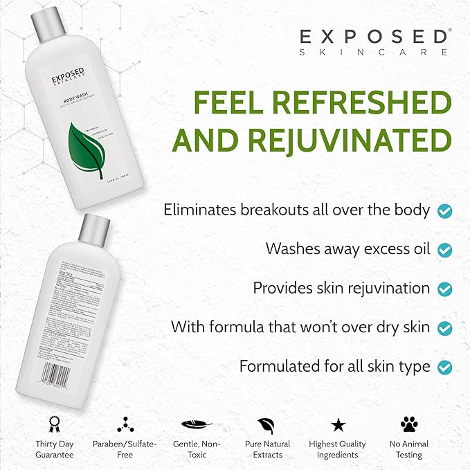 Exposed Skin Care Body Wash - Back and Body Acne Wash with Salicylic Acid and Tea Tree Oil – Exfoliating Bacne Treatment for Clearer, Healthier Skin – Body Cleanser for All Skin Types (12 fl oz)-Velvo Beauty