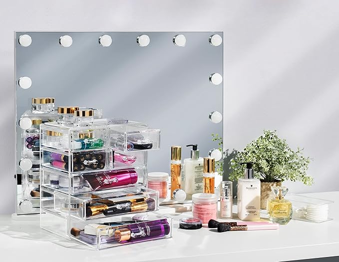 Sorbus Acrylic Makeup Organizer - Organization and Storage Case for Cosmetics Make Up & Jewelry - Big Clear Makeup Organizer for Vanity, Bathroom, College Dorm, Closet, Desk (3 Large, 4 Small Drawers)-Velvo Beauty