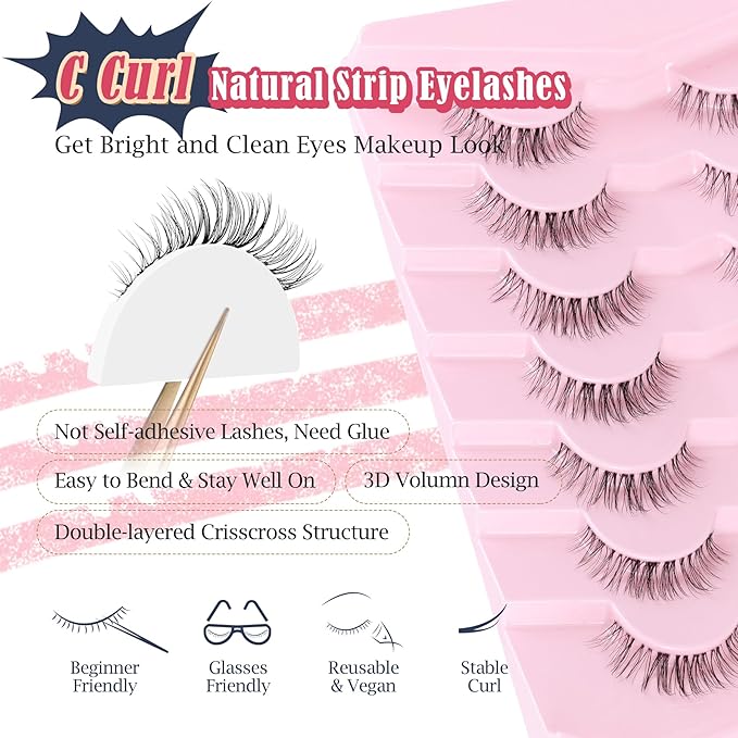 Eyelashes Natural False Lashes 14mm Eye Lashes with Thin Band 3D Volume Fake Eyelashes C Curl Wispy Lashes Natural Look 7 Pair-Velvo Beauty
