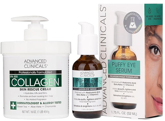 Advanced Clinicals Collagen Cream + Puffy Eye Face Serum 2pc Set | Collagen Body Lotion & Brightening Under Eye Serum | Fragrance Free | Skin Care Products, 2pc Bundle-Velvo Beauty