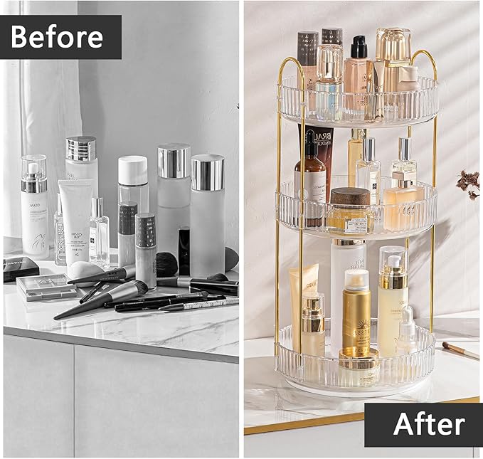 Rotating Makeup Organizer for Vanity, High-Capacity Skincare Clear Make Up Storage Perfume Organizers Cosmetic Dresser Organizer Countertop 360 Spinning (Clear, 3 Tier)-Velvo Beauty