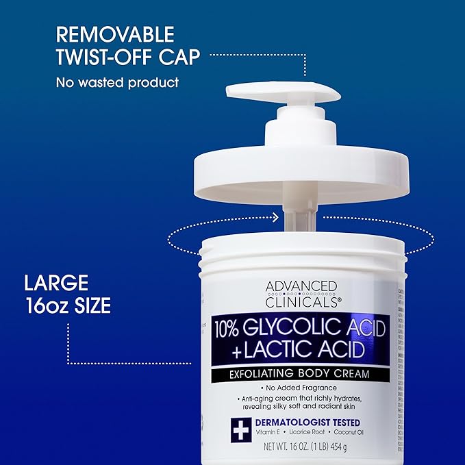 Advanced Clinicals 10% Glycolic Acid + Lactic Acid Lotion Exfoliant Moisturizing Cream With Hyaluronic Acid Moisturizer | AHA Exfoliating Body Cream Improves Look Of Uneven Rough Skin Texture, 2-Pack-Velvo Beauty