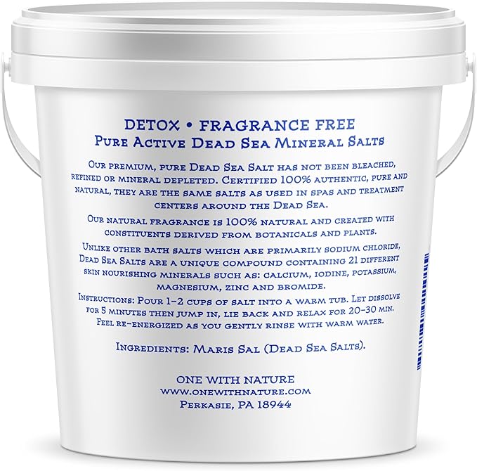 One With Nature 100% Pure Dead Sea Salt for Bath, 5lb Unscented. Dead Sea Salt is high in Essential Minerals, Such as Magnesium, Sulfur, Zinc, Potassium. Exfoliates, Nourishes Skin, Helps Restore pH-Velvo Beauty
