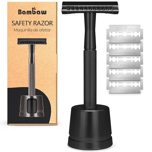 Bambaw Double Edge Safety Razor with 5 Safety Razor Blades, Single Blade Razor for Men with Razor Stand, Double Edge Razor, Safety Razors for Men - Black-Velvo Beauty