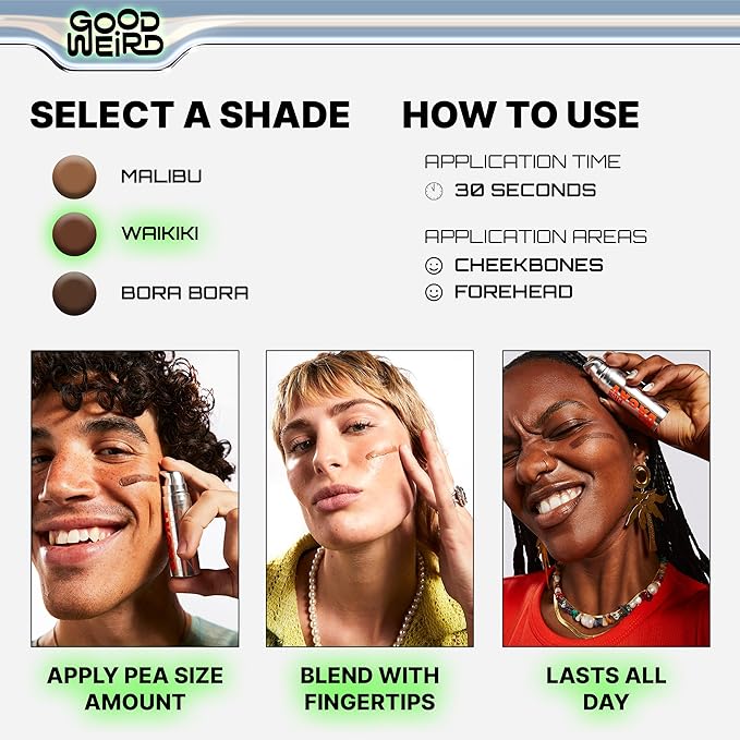 GOOD WEIRD Back From Vacay Bronzer - Vegan Liquid Face Bronzer Gel Cream for Men and Women | Natural Glow Lightweight Highlighter Makeup | Subtle Shimmer | 0.56 fl. oz. | WAIKIKI (Medium Bronze)-Velvo Beauty