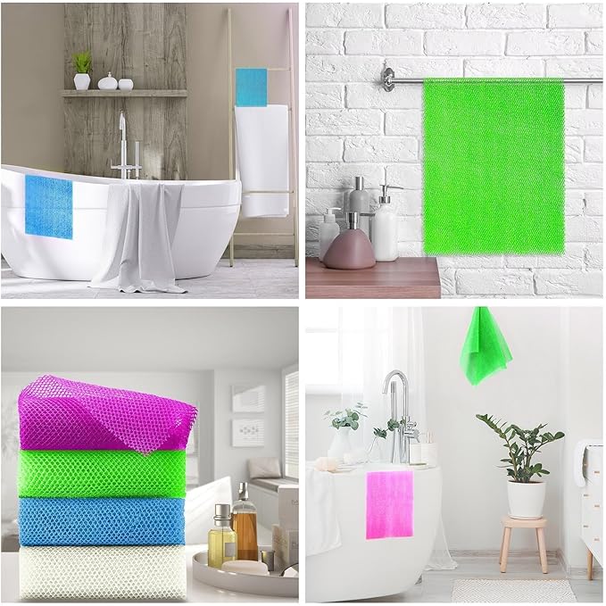 UJFQBH 4 Pieces African exfoliating net African Net Long Net Bath Sponge Exfoliating Shower Body Scrubber Back Scrubber Skin Smoother,Great for Daily Use (Purple, Blue, Green, White)-Velvo Beauty