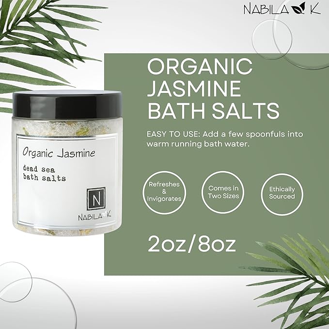 Organic Jasmine Bath Salts by Nabila K - Dead Sea Salt & Epsom Salt Scrub & Soak - Exfoliates & Hydrates Skin, Botanical Essential Oils - Bubble Bath Accessories for All Skins Types, 8 oz-Velvo Beauty