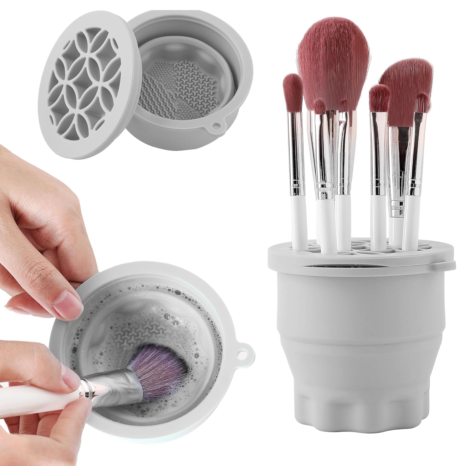 Makeup Brush Cleaner - Foldable Silicone Makeup Brush Cleaner Mat with Brush Storage Holder Makeup Brush Cleaning Bowl Cosmetic Brush Washing Tool for Cleaning Organizer and Drying (Grey)-Velvo Beauty