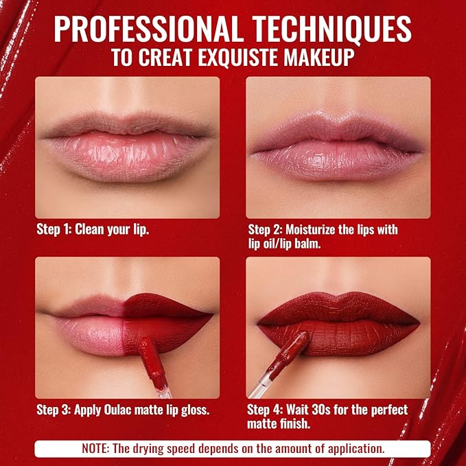 Oulac Matte Liquid Red Lipstick for Women, Deep Red Lip Gloss Creamy Matte Texture, Waterproof, Non-Stick Cup, Extra-Pigmented Lip Tint Stain with Vitamin E & Rose Oil, Vegan, Cruelty-Free, M01-Velvo Beauty