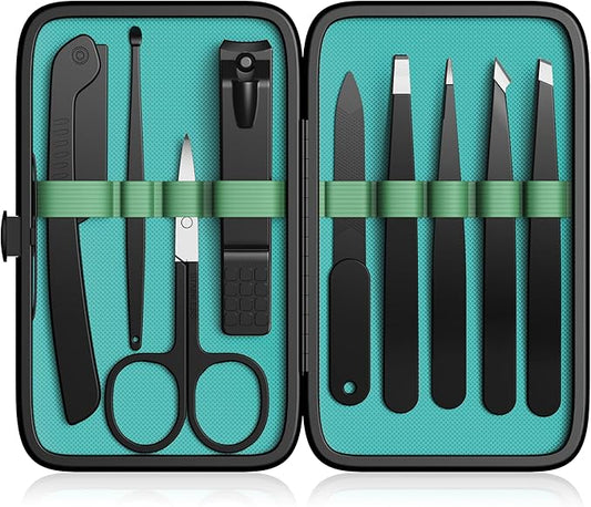Yougai Tweezers Set,9 Pcs Professional Stainless Steel Tweezer Kit-Great Precision Tweezers for Daily Beauty Tools with Leather Travel Case as Stocking Stuffers Gifts-Velvo Beauty
