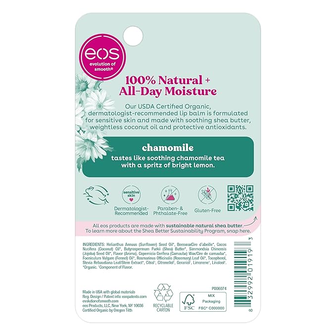 eos 100% Natural & Organic Lip Balm Stick- Chamomile, All-Day Moisture, Cruelty-Free, 0.14 oz-Velvo Beauty