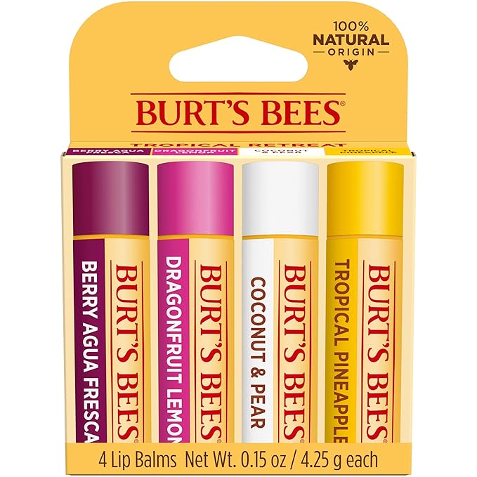 Burt's Bees Lip Balm - Berry Agua Fresca, Dragonfruit Lemon, Coconut & Pear, Tropical Pineapple Pack, With Beeswax, Tint-Free, Natural Origin Lip Treatment, 4 Tubes, 0.15 oz.-Velvo Beauty