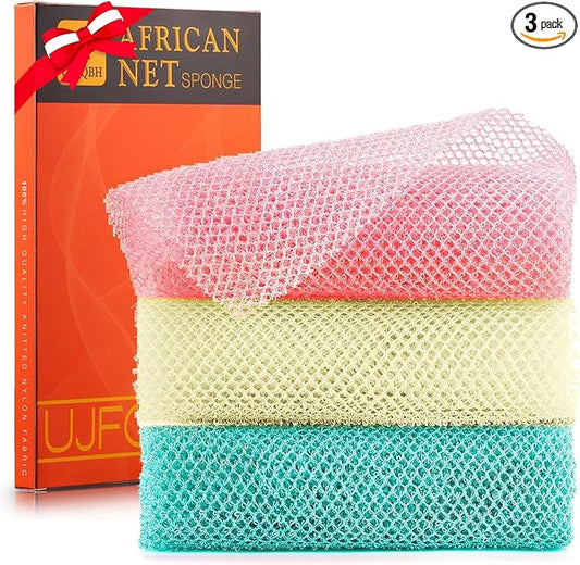 UJFQBH 3 Pieces African Net Sponge, African exfoliating net African Net Long Net Bath Sponge Exfoliating Shower Body Scrubber Back Scrubber Skin Smoother(Pink, Green, Off-White)-Velvo Beauty