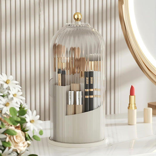 B-H1 Makeup Brush Holder with Dustproof Cover 360 Rotating Makeup Brushes Organizer for Vanity Desktop Bathroom (Transparent)-Velvo Beauty