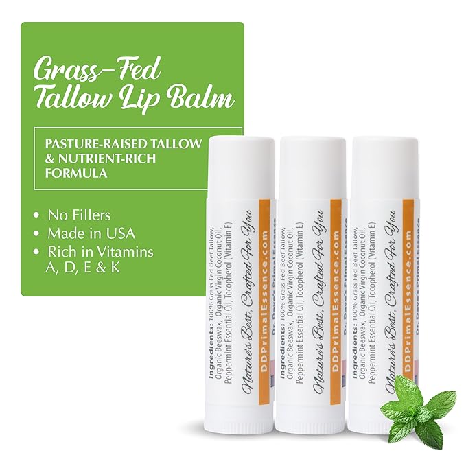 Moisturizing Tallow Lip Balm – Grass-Fed Beef Tallow with Organic Coconut Oil, Beeswax, and Vitamin E – Peppermint – Lip Balm Set – Travel Essential – 3-Pack-Velvo Beauty