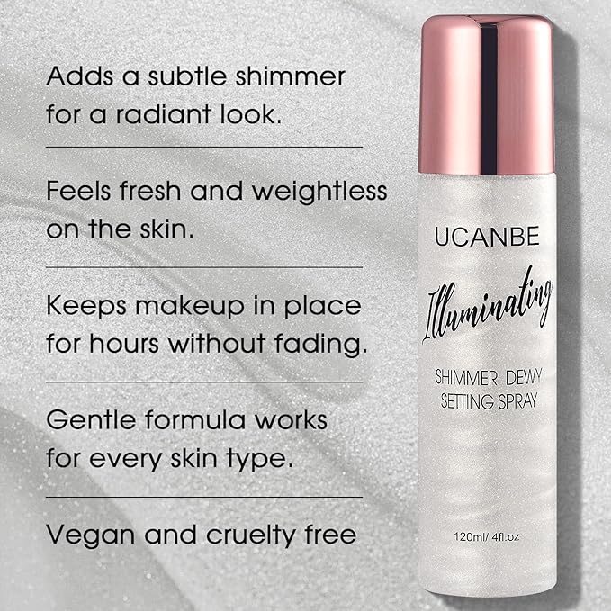 UCANBE Shimmer Dewy Setting Spray – Glowing + Makeup Setting Spray 2 in 1 Lightweight Formula for a Radiant Glow,Long-Lasting Face Mist for Face Body, 4 Fl Oz #Silver-Velvo Beauty