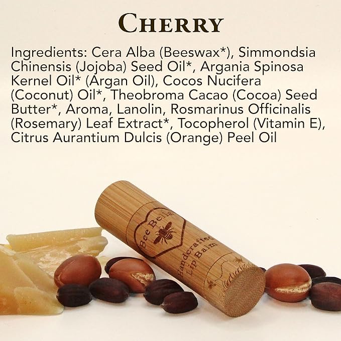 Bee Bella Lip Balm, Cherry, 3 Pack - Hydrating, Moisturizing Lip Care, 100% Natural, Original Organic Beeswax with Vitamin E, Handmade in USA-Velvo Beauty