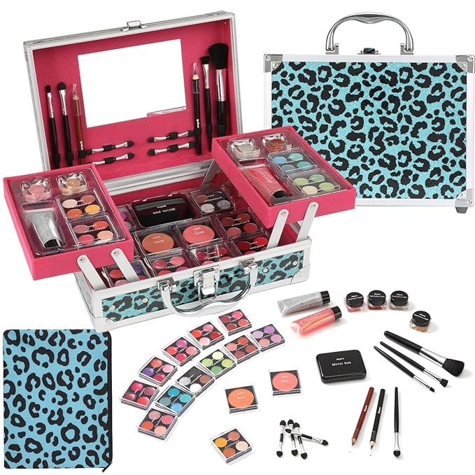 Anpro All-In-One Leopord Double Folding Makeup Carry Case with Pro Teen Makeup Set, Full Starter Kit with Makeup Brushes, Lipsticks, Eyeshadow Palette, Blushes, Glitter Gel, Ideal Present for Girls-Velvo Beauty