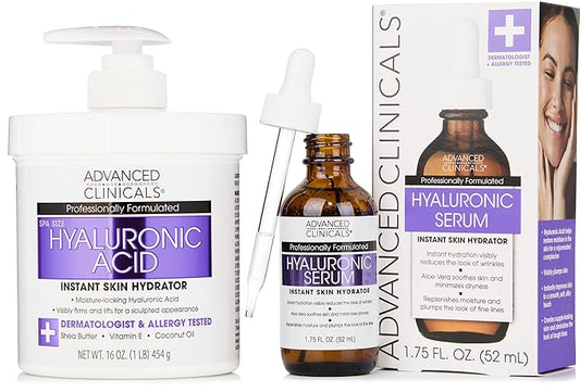 Advanced Clinicals Hyaluronic Acid Moisturizer Body Cream + Hyaluronic Acid Serum 2PC Skin Care Set | Face Serum & Body Lotion Help Diminish Appearance Of Wrinkles, Fine Lines, & Dry Skin, 2PC Bundle-Velvo Beauty