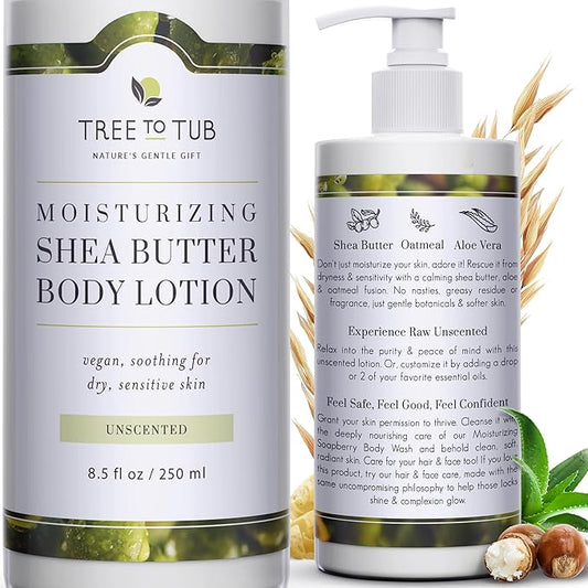 Tree to Tub Unscented Shea Butter Body Lotion for Dry Skin - Fragrance Free Lotion,Vegan Body Moisturizer, Good for Sensitive Skin for both Women & Men-Velvo Beauty