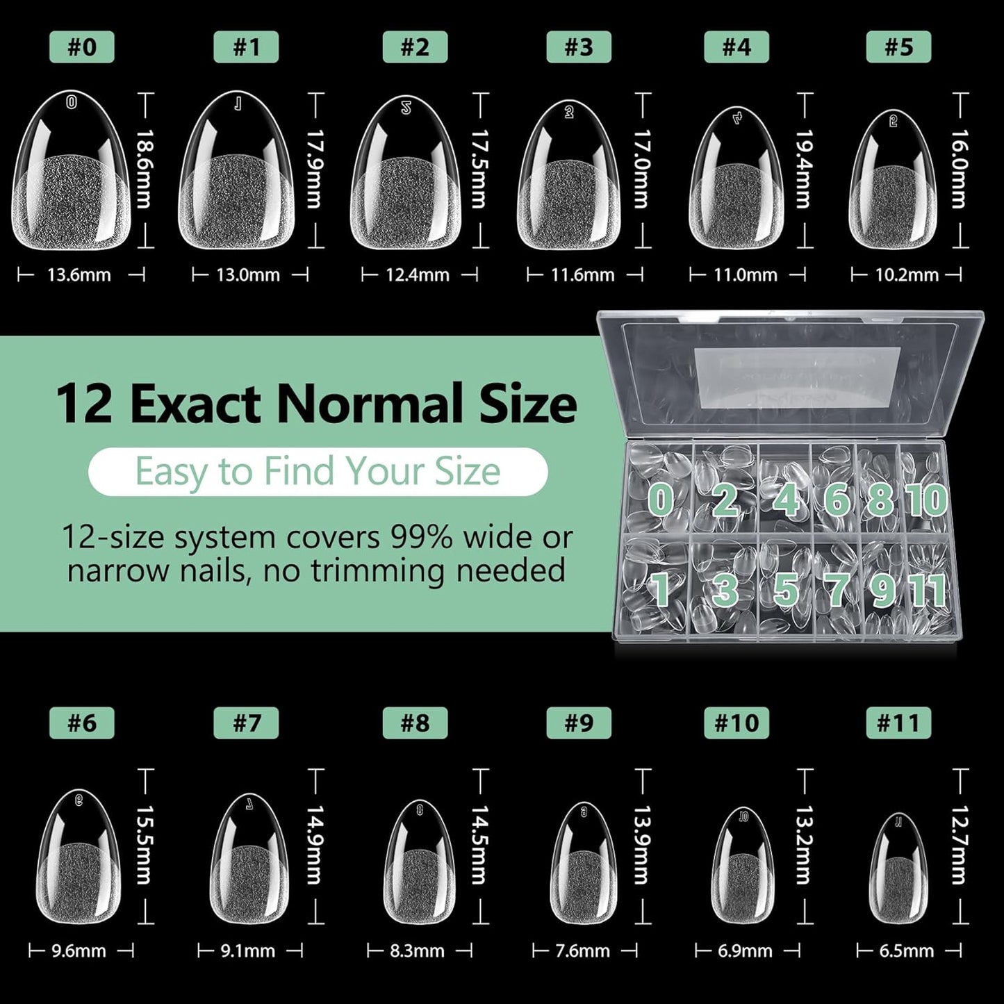 Extra Short Almond Nail Tips, 216pcs Acrylic Soft Fake Nails Gel Nail Tips, Full Cover Pre-Shaped Matte Clear Press on Nails for Extension, Diy at Home Manicure 12 Sizes-Velvo Beauty