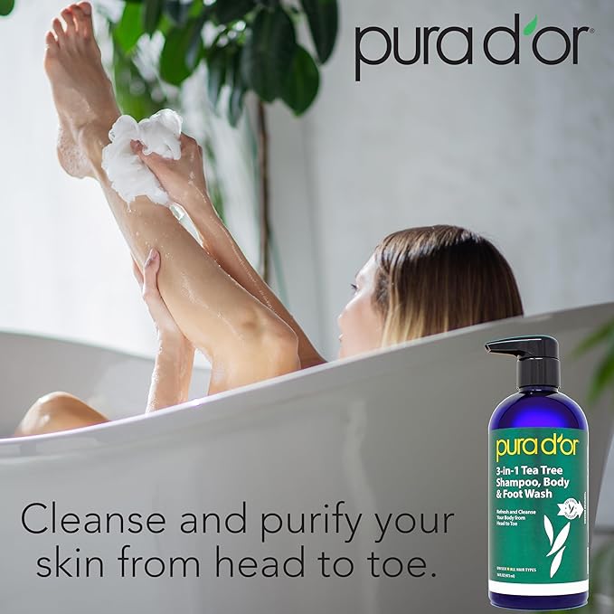PURA D'OR 3-in-1 Tea Tree Shampoo, Body & Foot Wash, Shampoo (16oz x3 = 48oz) Total Body Care - Foot Odor & Daily Hygiene, Cleansing Routine, Post-Workout Refreshment - Soothes, Invigorates, Nourishes-Velvo Beauty