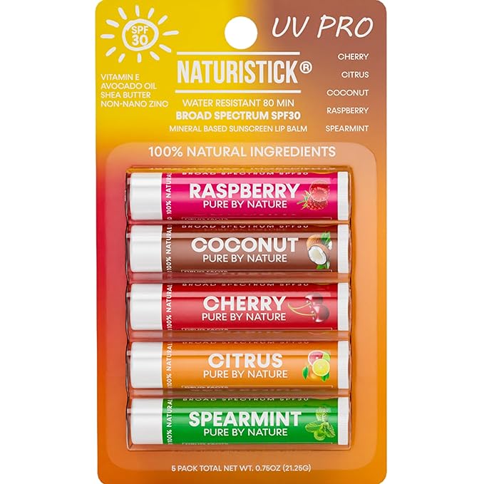Naturistick SPF 30 Vegan Lip Balm – Mineral Sunscreen with Zinc Oxide | Broad Spectrum UVA/UVB | 100% Natural, Coral-Friendly Formula | 5-Pk Raspberry, Coconut, Cherry, Citrus, Spearmint | Made in USA-Velvo Beauty
