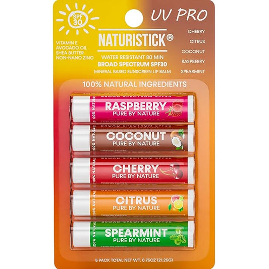 Naturistick SPF 30 Vegan Lip Balm – Mineral Sunscreen with Zinc Oxide | Broad Spectrum UVA/UVB | 100% Natural, Coral-Friendly Formula | 5-Pk Raspberry, Coconut, Cherry, Citrus, Spearmint | Made in USA-Velvo Beauty