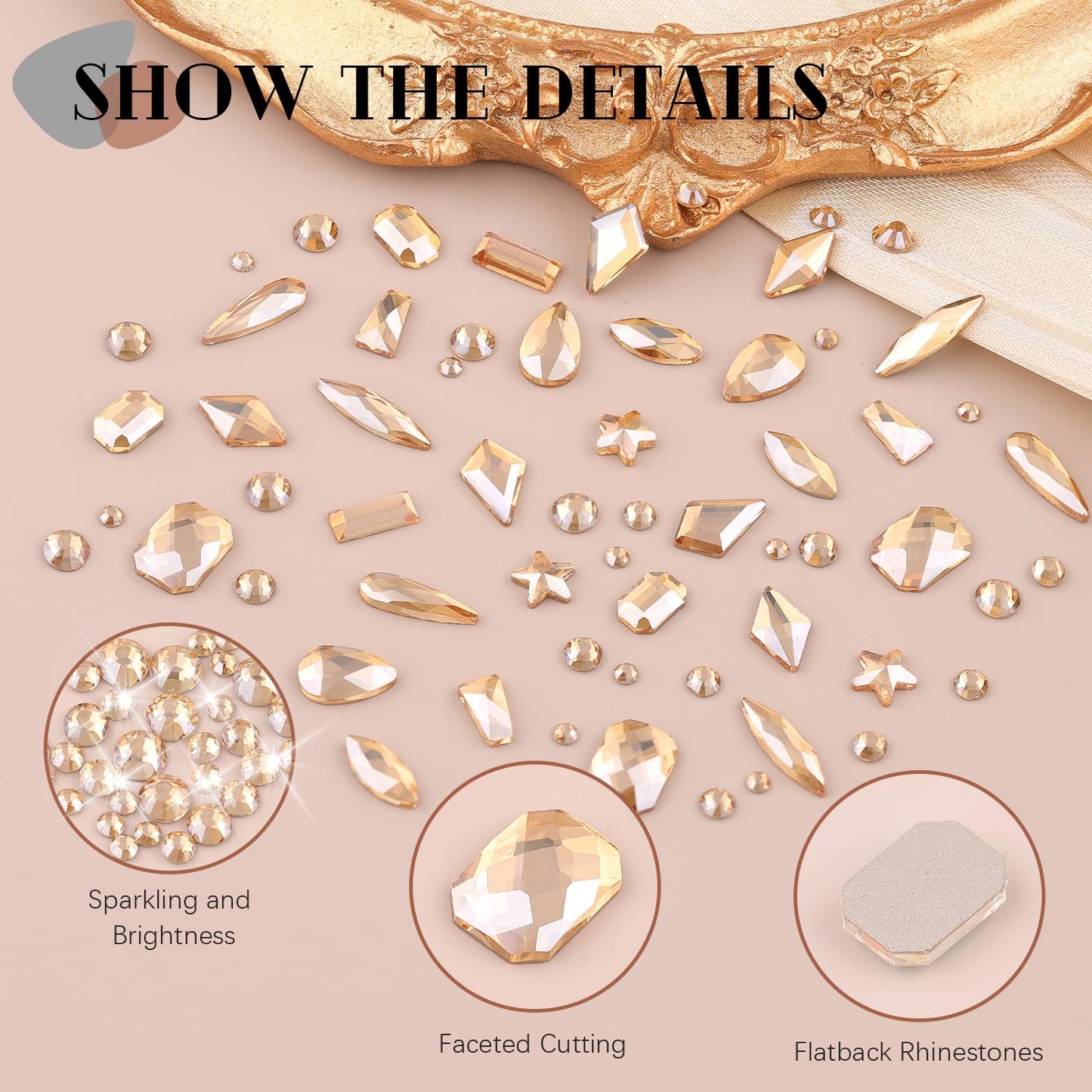 3220Pcs Gold Nail Rhinestones, 1.5-4mm Mini Flatback Crystal & 3D Multi Shapes Gems, Champagne Gold Charms Diamond Gemstones for Nails Decoration-Velvo Beauty