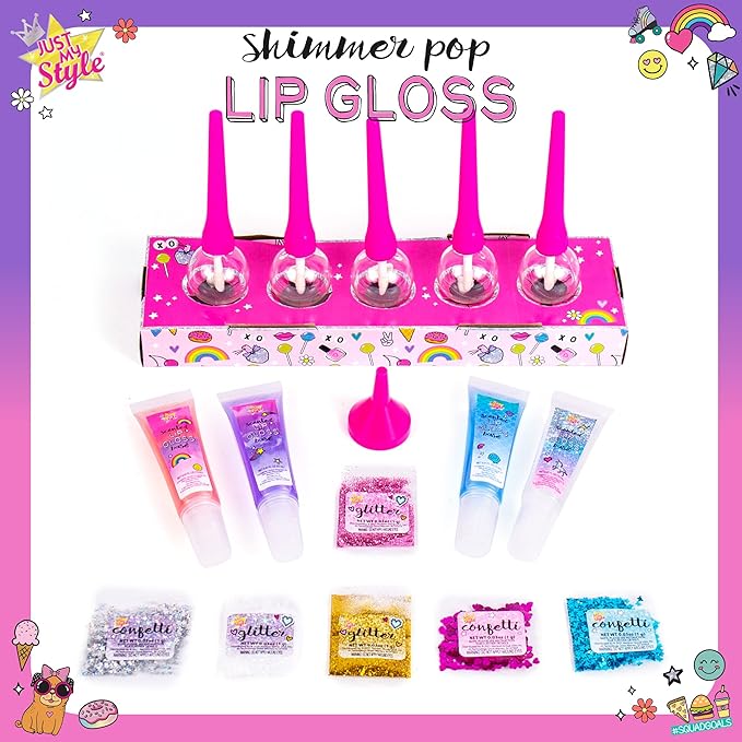 Just My Style Shimmer Pop Lip Gloss, Create 5 Lollipop-Shaped Lip Glosses, Includes Funnel, Empty Lip Gloss Containers, Sweet Lip Gloss Base, Body Glitter & More, DIY Lip Gloss, Multi (208316J)-Velvo Beauty
