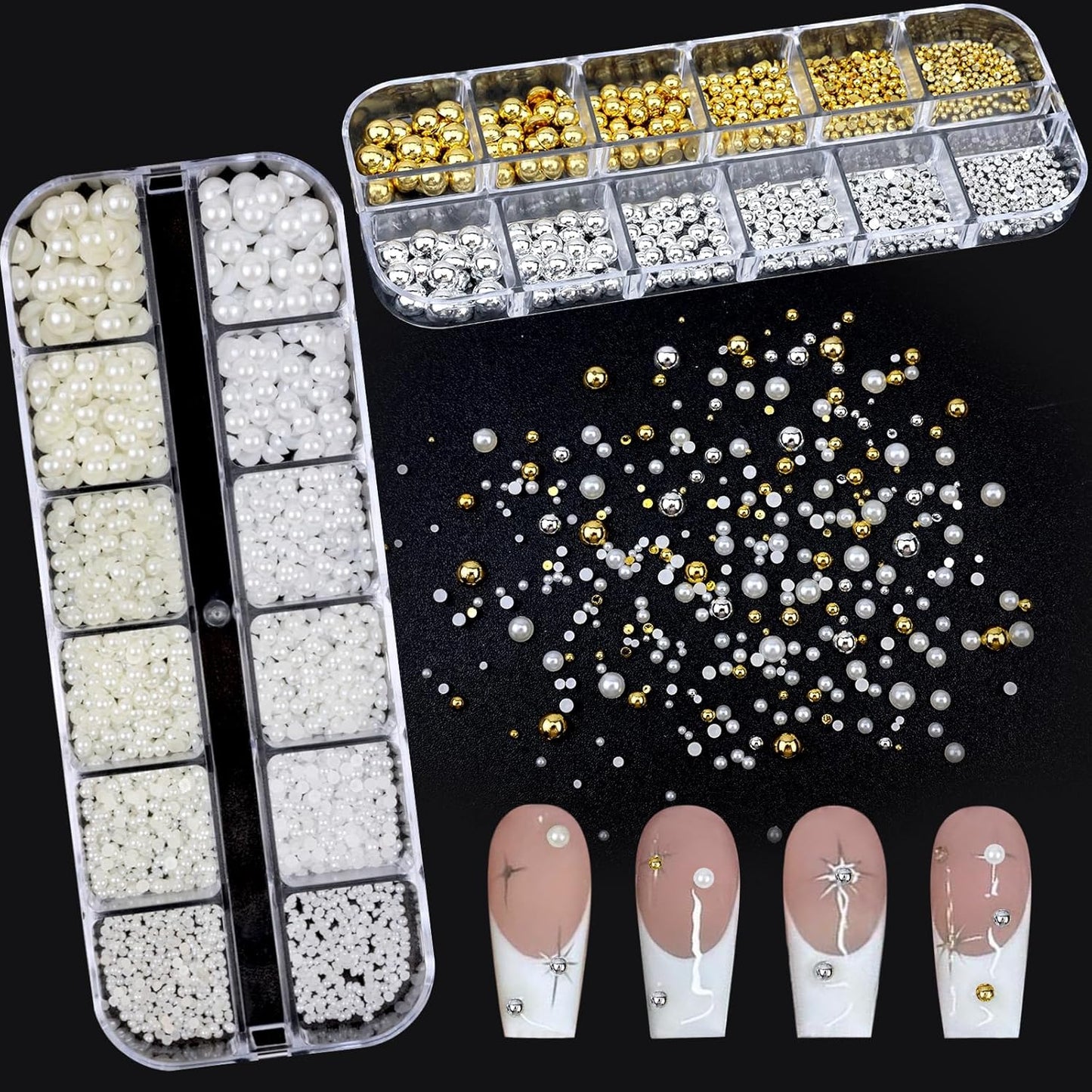 Nail Art Pearls with Rhinestones Glue Gel Flatback Pearls Nail Charms Luxurious Nails Supplies Accessories Silver Gold Gems Pearl Colorful Pearl for Women Nails Design-Velvo Beauty