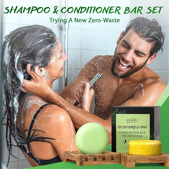 POP MODERN.C Rosemary Solid Shampoo and Conditioner Bar Set for Hair Growth, Moisturizing, 160g, 2.8219 Ounce, 2x80g Soaps, 2 Wooden Holder, Mother's Day Gift-Velvo Beauty