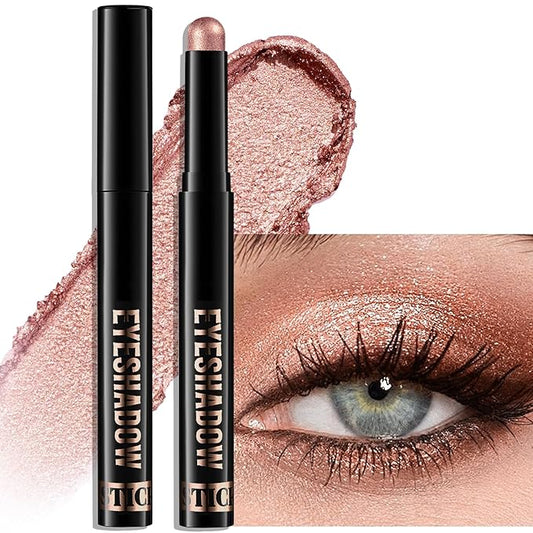 Rose Gold Shimmer Eyeshadow Stick, Waterproof Cream Eye Shadow Pencil Long-Lasting Crease-Proof Glitter Eyeshadow Crayon Smooth High Pigmented Highlighter Neutral Eye Shadow Liner Makeup-Velvo Beauty