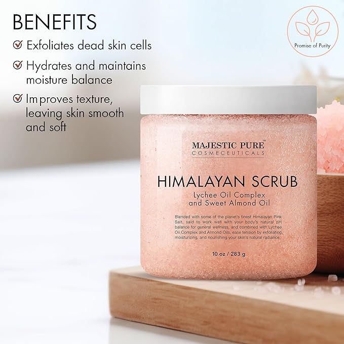 MAJESTIC PURE Himalayan Salt Body Scrub with Lychee Oil, Exfoliating Salt Scrub to Exfoliate & Moisturize Skin, Deep Cleansing - 10 oz-Velvo Beauty