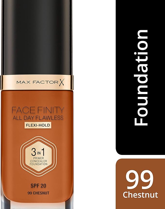 Max Factor Facefinity 3-in-1 All Day Flawless Liquid Foundation, SPF 20-99 Chestnut, 30 ml-Velvo Beauty