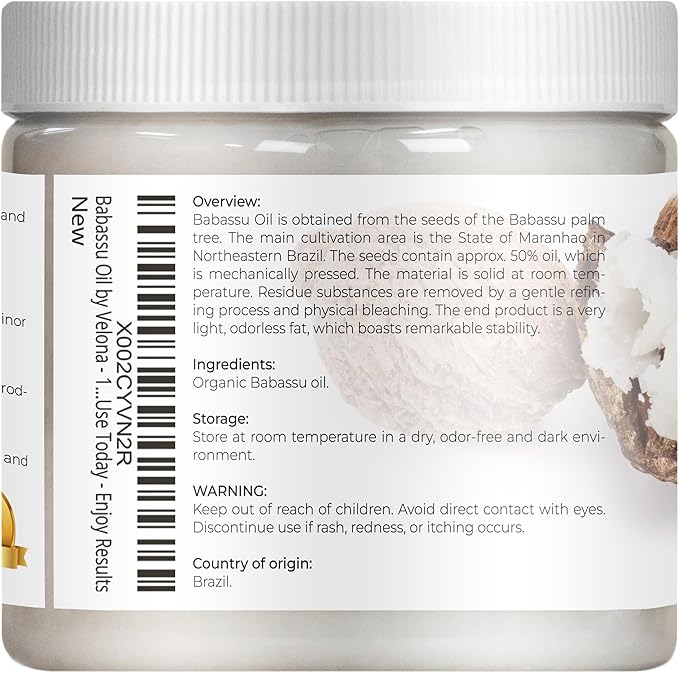 velona Babassu Oil USDA Certified Organic - 16 Fl Oz | 100% Pure and Natural Carrier Oil | Refined, Cold Pressed | Face, Hair, Body & Skin Care and Cooking | Use Today - Enjoy Results-Velvo Beauty